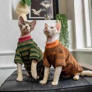 ชุดแมวลายทางคลาสสิกขายดี โปรโมชั่นพิเศษ เสื้อผ้าสัตว์เลี้ยงสำหรับฤดูใบไม้ผลิและฤดูใบไม้ร่วง เสื้อแมวคอกลมและปากกว้าง - Product Image 4