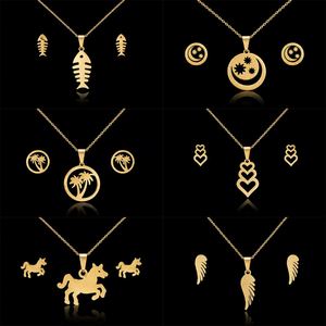 New Fashion Bridal Wedding Gift 14K Gold Plated Stainless Steel Fish Bone <b>Wing</b> Horse Flower Pendant Necklace <b>Earrings</b> Jewelry - Product Image 1