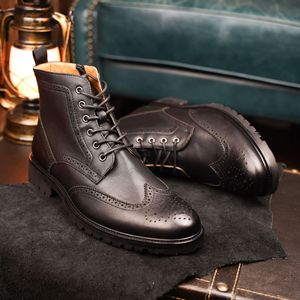 Bottes pour hommes en cuir synthétique doublées polaire à la cheville, bout carré, semelle épaisse, fermeture éclair latérale en cuir véritable, style rétro, toutes saisons - Product Image 4