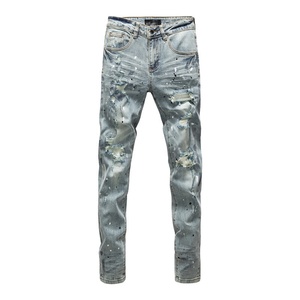 Jeans déchirés à effet encre éclaboussée de couleur claire, tendance, neufs, de marque, pour hommes, leggings ajustés élastiques - Product Image 4