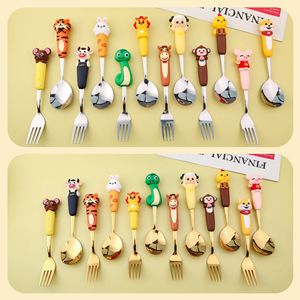 Forchette e Cucchiai per Bambini in Acciaio Inox 304 Placcato Oro con Manico in Plastica PP, Design Cartoon, Finitura a Specchio, Regalo per Feste - Product Image 2