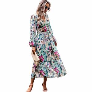 Vestido de <span class=keywords><strong>manga</strong></span> <span class=keywords><strong>larga</strong></span> con cuello en V y estampado informal para vacaciones de primavera/verano para mujer, estilo europeo y americano 2024 - Product Image 1