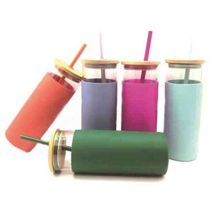 Gobelets en verre colorés avec couvercle en bambou et paille, design minimaliste solide, anti-fuite pour boissons froides, utilisation unisexe en voyage - Product Image 5