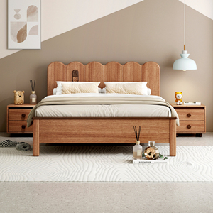 High Quality Wave Shape Wooden Wall Bedside Modern Minimalist Solid Wood <b>Platform</b> <b>Bed</b> for Bedroom - Product Image 1