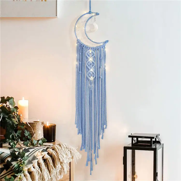 Bohemian Macrame Moon Wall Hanging Handmade Cotton Wooden Christmas Decorations for Art-Themed Gifts Triangle Shape Wall Format