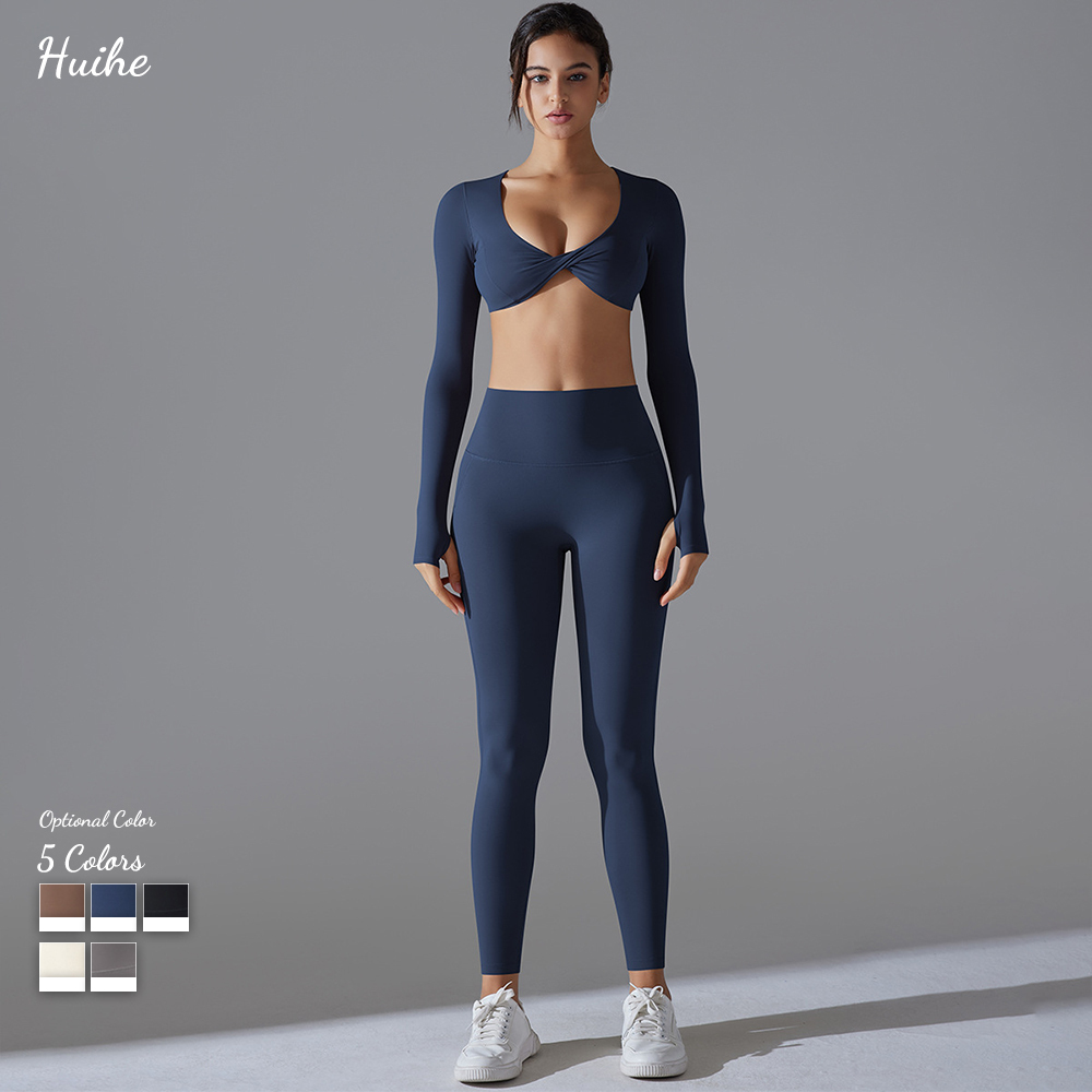 Women Long Sleeves Workout Outfit Sports Wear Push up Yoga Suits Scrunch Leggings Yoga Set Gym Fitness Set Run Clothes Tracksuit