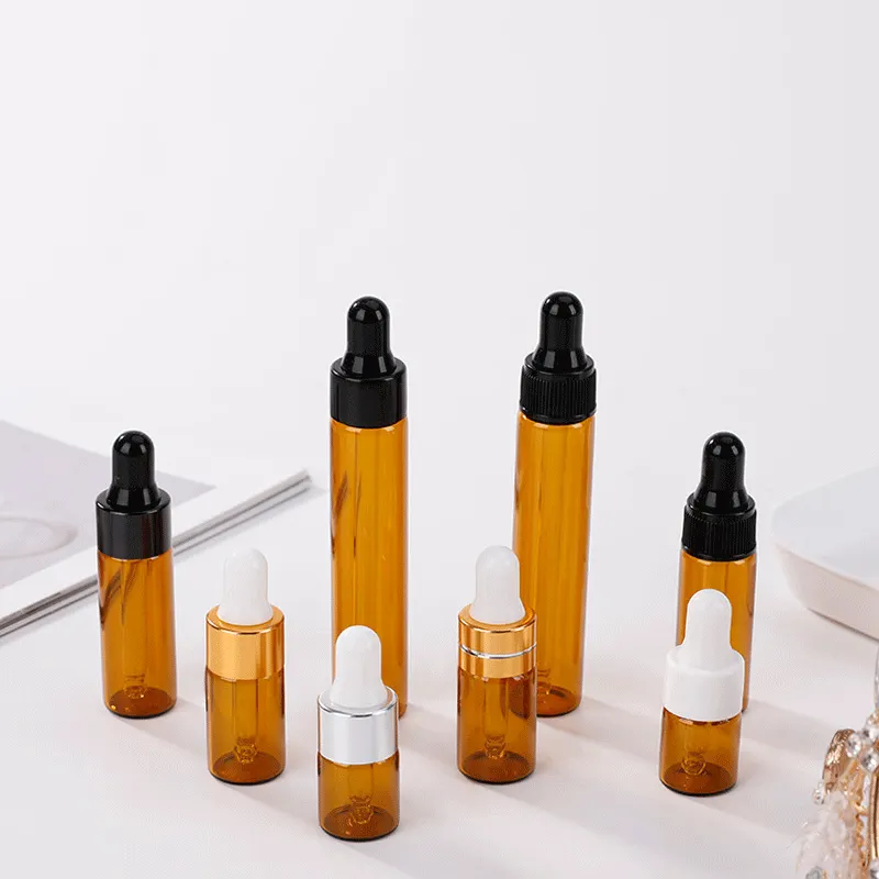 Flacone riutilizzabile per tubo di trazione 1ml 2ml 5ml 10ml anello in alluminio bottiglia di vetro per olio essenziale viaggio flacone contagocce per olio di vetro piccolo campione