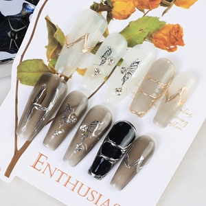 Faux ongles à presser faits main, couvrance totale, forme cercueil longue, en acrylique de luxe, avec papillons 3D et French manucure, haute qualité, pour vente en gros - Product Image 2