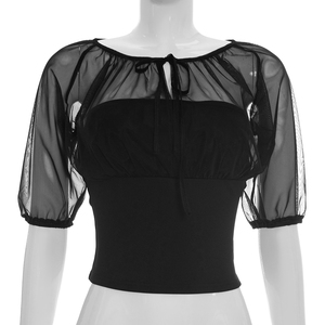 Viviblook Y26TP228 Haut décontracté pour femme, nouveau modèle d'été, sexy, en maille, col rond, manches courtes, patchwork - Product Image 1