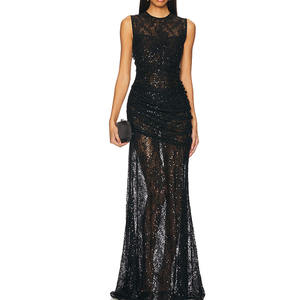 OEM hizmetleri yaz siyah High-End seksi doğal bel kat uzunluk saten şifon payetli parti elbise - Product Image 1