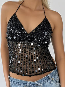 <b>Sparkly</b> Sequin Fringe Halter V-Neck Mesh See-Through Festival Party <b>Top</b> & FTS 1688 DDP Shipping Buying Service - Product Image 2
