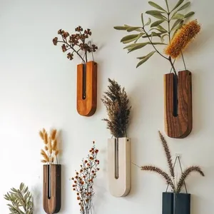 JUNJI Geschenk für Pflanzen liebhaber 5 Stück Set Holzwand Pflanzen halter Hängende Holz propagation Station Vase mit Rohr