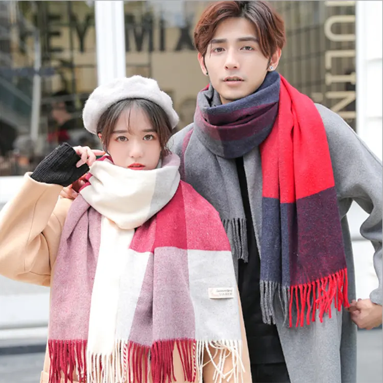 Autumn and winter men's and women's fashion trendy plaid wool scarf new thickened warm tassel mid-length shawl