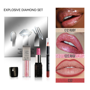 Trang điểm rực rỡ môi <span class=keywords><strong>Set</strong></span>-ánh sáng lung linh Son môi Son bóng + môi lót bút Combo + bàn chải bút Bộ - Product Image 1