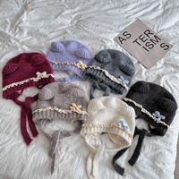 Bonnet d'hiver chaud pour enfants, style coréen, tricoté à la machine, avec dentelle, nœud et oreilles d'ours, protection auditive, mignon et tendance