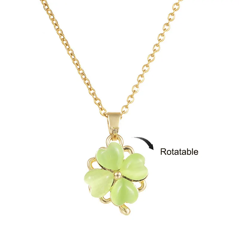 18K Gold Plated Stainless Steel Double Layer Four Leaf Clover Pendant Necklace For Women Opal Crystal Jewelry