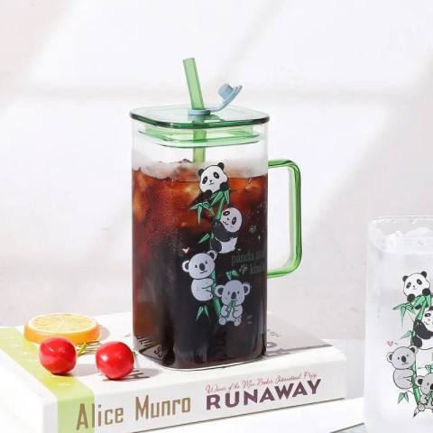 Hot Sale New Design Bottles Panda and Koala Water Milk Cups Lids Juice Glass Mugs With Straw Light Luxury
