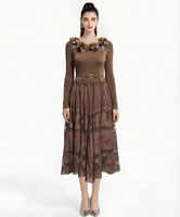 Robe plissée élégante pour femme, printemps-automne, taille naturelle, mi-longue, ceinture, décoration florale unie, col rond, manches longues, patchwork