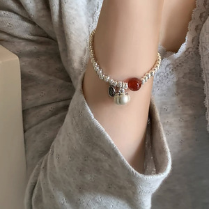 S925 Sterling Silver Red Agate <b>Beaded</b> Persimmon <b>Bracelet</b> Women's Jewelry Gift - Product Image 2