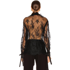 2020 Sexy Pura Del Merletto <span class=keywords><strong>Nero</strong></span> A Maniche Lunghe Con Coulisse Collare <span class=keywords><strong>Camicetta</strong></span> Top Delle Donne - Product Image 4