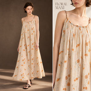<b>Womens</b> 100% Cotton Woven Floral Maxi <b>Dress</b> <b>Boho</b> Summer Spaghetti Strap Sleeveless Loose Fit Flowy Beach Pleated Hem Wholesale - Product Image 2