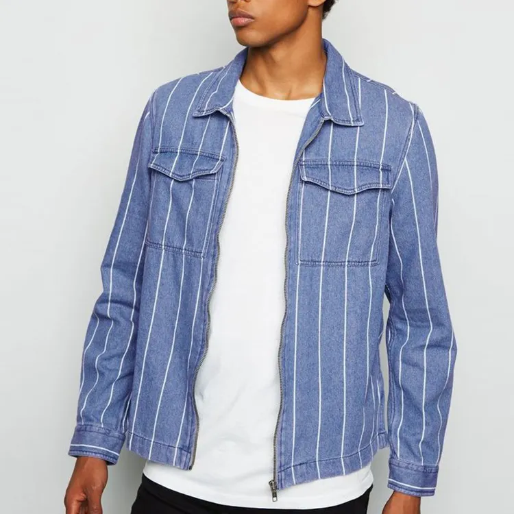 Wholesale Zip up Fastening Wash Jacket Stripes Blue Denim Jacket Men Casual Streetwear Cotton Jacket