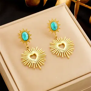 2023 New Tarnish Free 18k Gold Plated Stainless Steel Turquoise Heart Drop Earrings For Women Jewelry
