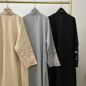 Mode été 2024, abaya ouverte en lin et polyester brodée de fleurs, style Dubaï, long cardigan pour femmes musulmanes, 1407 # - Product Image 2