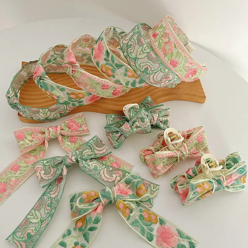 New Spring/Summer Green Floral Cotton Linen Embroidery Headband Knotted Hair Band Green Bow Hair Clip Hair Accessories