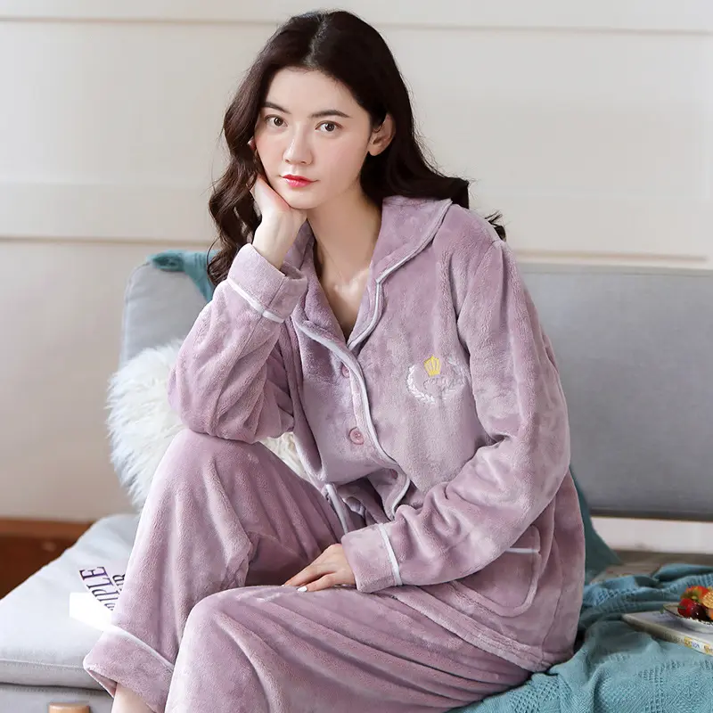 Sweet Home Clothes Thicken Warm Coral Fleece Flannel Cute Winter Pajamas For Women