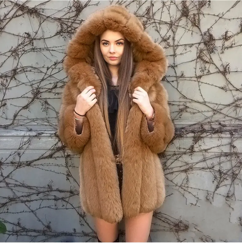 Abrigo de piel de zorro de imitación para mujer, abrigo cálido y suave de manga larga con solapa y costuras, abrigo de piel sintética de longitud media