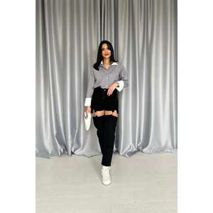 Ensemble deux pièces en jean noir avec fente et détails troués, manches longues, tenue tendance pour femme - Product Image 4