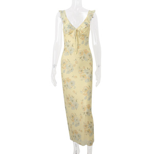 <strong>V</strong> <strong>Neck</strong> <strong>Dresses</strong> Yellow Sleeveless Flower Print Maxi Long <strong>Dress</strong> Elegant High Waist Female Holiday Party Vestidos 3121 - Product Image 6
