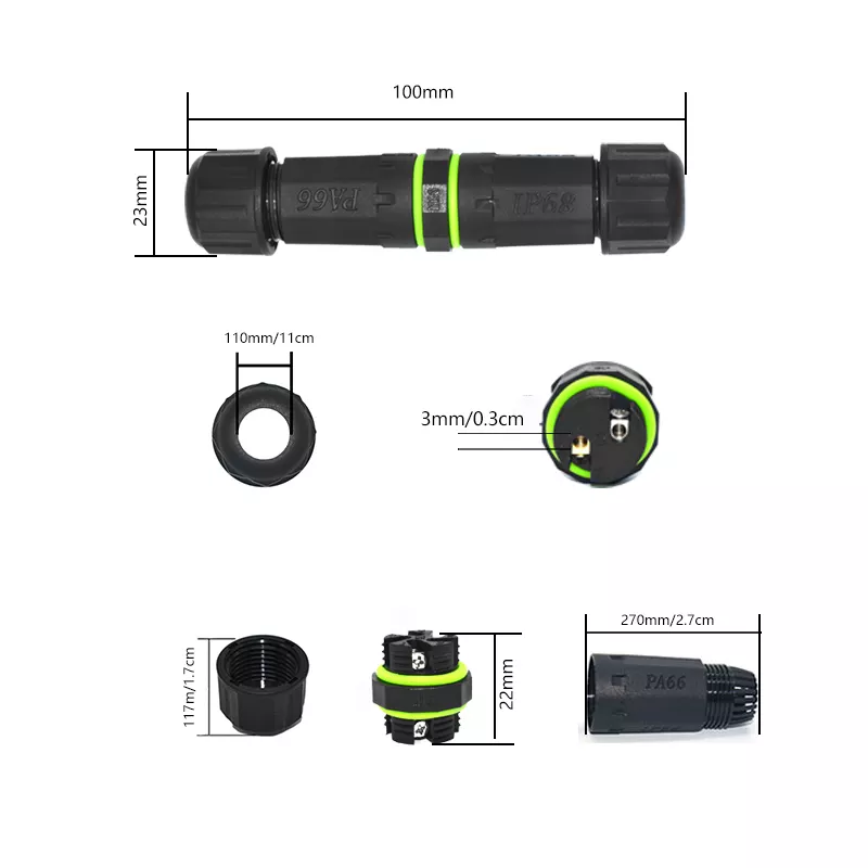 YXY M16 2-Pin IP68 Waterproof Power Connector Screw Lock dimension drawing