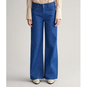 Jean bleu vif jambe large personnalisé coupe ample coutures contrastées jean taille basse jambe large pour les femmes de grande taille - Product Image 2