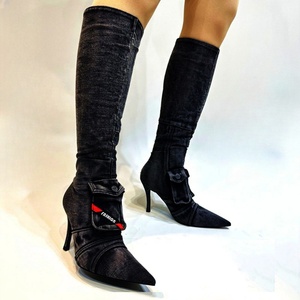 Women Thin High Heel Long Booties Sexy Point Toe Party Knee High Denim Boots Double Pockets Sewing Zipper <b>Shoes</b> - Product Image 5