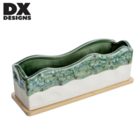 Pot Keramik DX Designs Motif Gelombang dengan Alas Bambu, Pot Sukulen Persegi Panjang untuk Dekorasi Meja & Rumah, Dilengkapi Lubang Drainase