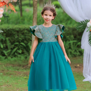 Childrens Princess Dress Lake Blue O Neck A Line Tutu Flower Girl Wedding Performance Costume - Product Image 1