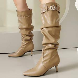 Big Size 46 Women's Pleated Upper Wide Fit <b>Knee</b> <b>High</b> Boots Medium Thin Heels Shoes Top Belt Buckle Long Booties - Product Image 2