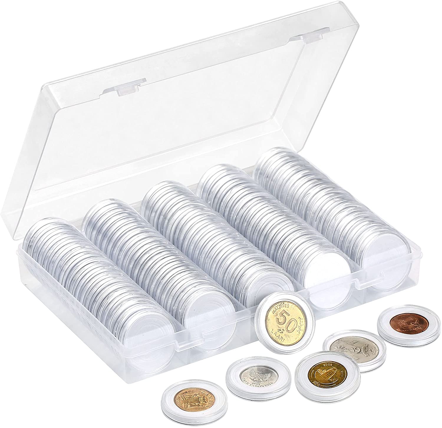 Capsules de pièces de monnaie 30mm, 100 pièces, 5 tailles, tampons EVA blancs, étui avec rangement en plastique, boîte de rangement