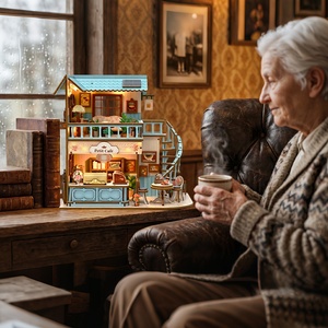 Kit de maison miniature DIY, maison de <span class=keywords><strong>café</strong></span> française, maison de poupée, puzzle en bois 3D, coin lecture, serre-livres, meubles miniatures, miniatures de maison de poupée - Product Image 4