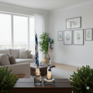 Blue & White Floral Handcrafted Taper <b>Candles</b> Elegant Home Decor for Holiday & Valentine's Day (<b>Set</b> <b>of</b> 2 Votive <b>Candles</b>) - Product Image 2