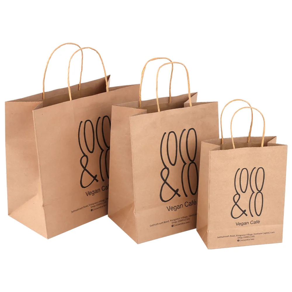 Bolsa de papel personalizada Biodegradable, embalaje de compras marrón con mango, bolsa de papel kraft para cafetería, tienda, panadería