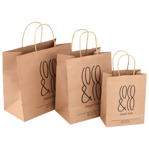 可生物降解定制纸袋棕色购物包装，带手柄牛皮纸袋，适用于咖啡店面包店