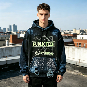 Custom Distressed Screen Printed Hoody OEM Premium Pullover Rhinestone Letters 100% Cotton French Terry 480gsm Hoodie for Men - Product Image 3