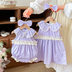 Ensemble assorti <span class=keywords><strong>pour</strong></span> sœurs : Combinaison sans manches et robe à pois violets <span class=keywords><strong>pour</strong></span> bébés et petites filles – Idéal <span class=keywords><strong>pour</strong></span> le quotidien et les séances <span class=keywords><strong>photo</strong></span> de vacances - Product Image 1
