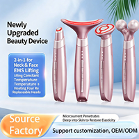 Appareil de beauté portable 4-en-1 rechargeable à microcourant et vibrations pour le visage et le cou, avec thérapie thermique pour le visage, masseur oculaire et rouleau liftant