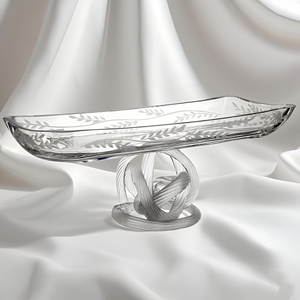 Assiette de service rectangulaire en verre gravé durable avec motif végétal, plat moderne fait main pour centre de table de mariage ou de fête - Product Image 1