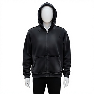 Men's Black <b>Zip</b> Up <b>Hoodie</b> Full <b>Zip</b> Hooded Sweatshirt Solid Color Distressed Kangaroo <b>Pocket</b> Long Sleeve Casual Fit - Product Image 1