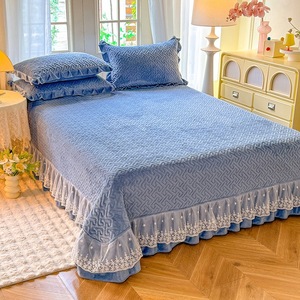 Winter Warm Thickened Quilted Milk Fleece Bed Skirt, <strong>Double</strong> Layer Lace Trim Solid Color 3-Piece <strong>Bedspread</strong> for Queen Bed - Product Image 2